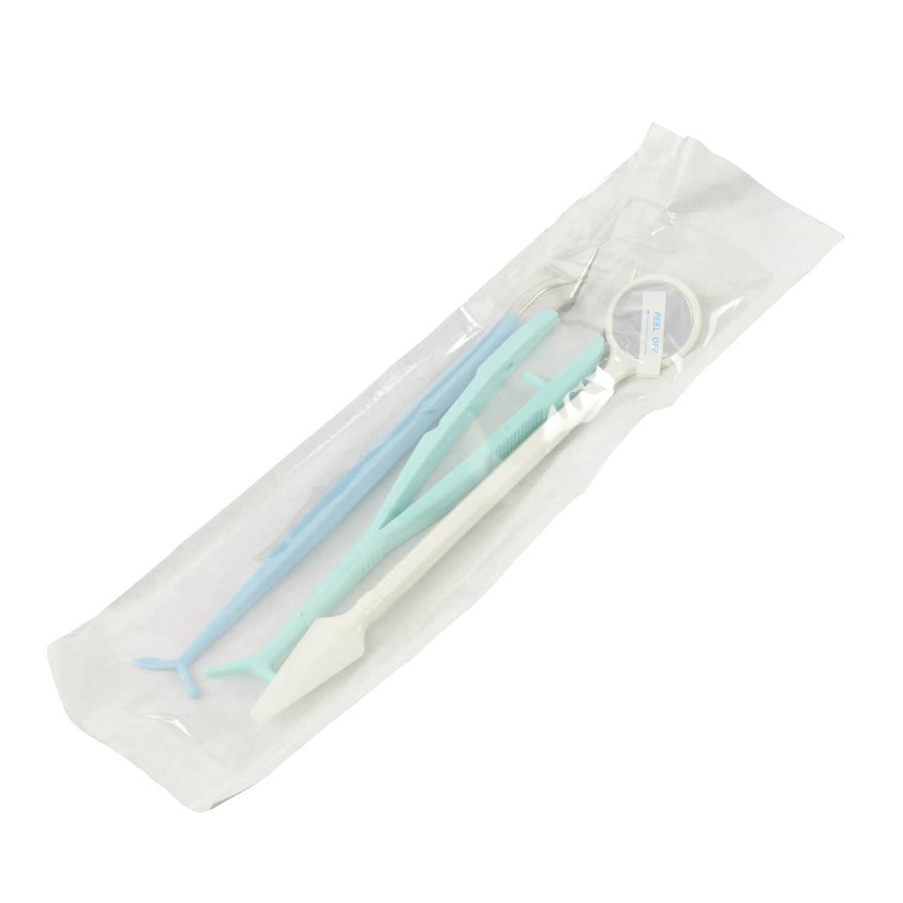 Sterile dental examination kit with mirror, tweezers and scaler in sealed pack