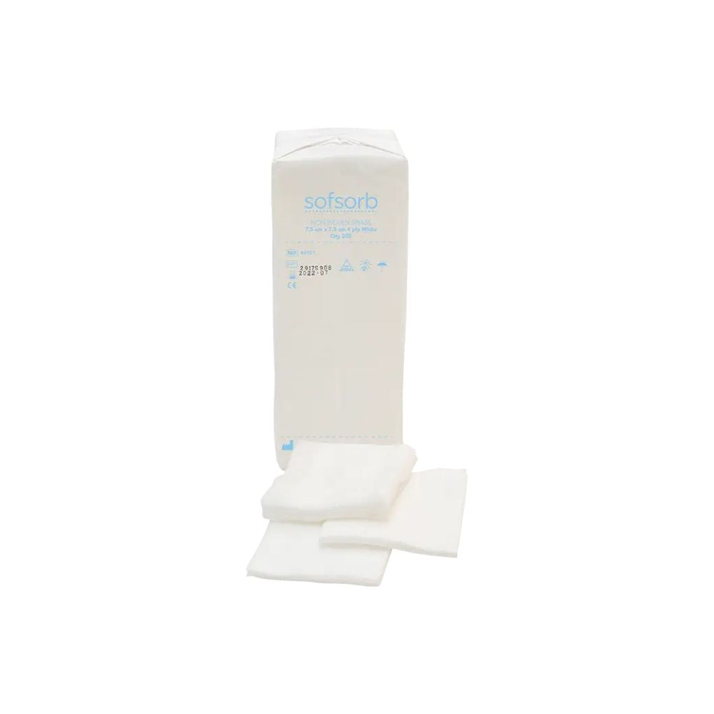 7,5 cm x 7,5 cm 4-lags Sofsorb Non-woven Swabs Pakke med 200