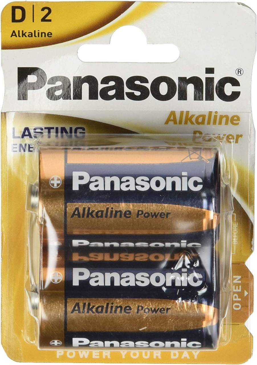 Pack of 2 Panasonic D alkaline power batteries in retail packaging