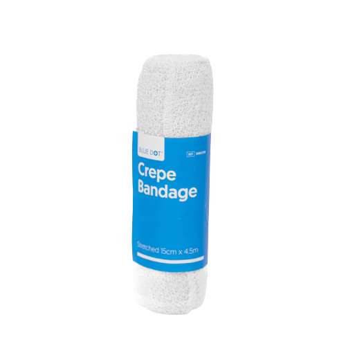 A roll of crepe bandage with packaging indicating it is 15cm x 4.5m in size, sold under the Blue Dot brand.