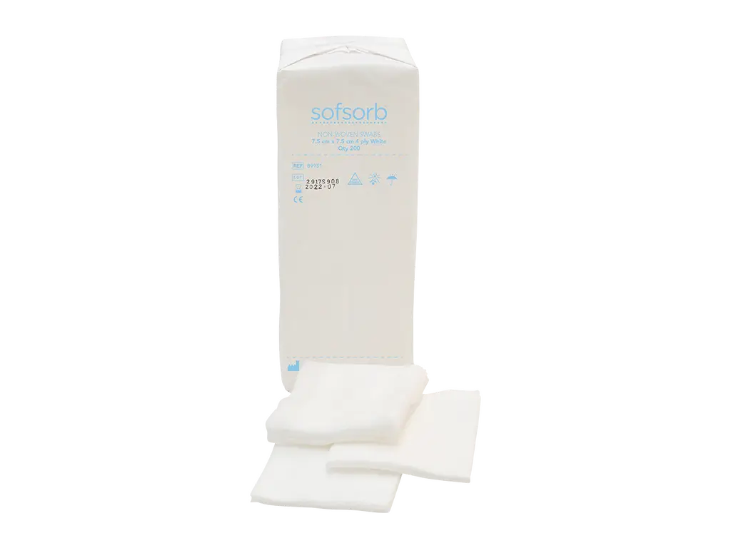7,5 cm x 7,5 cm 4-lags Sofsorb Non-woven Swabs Pakke med 200