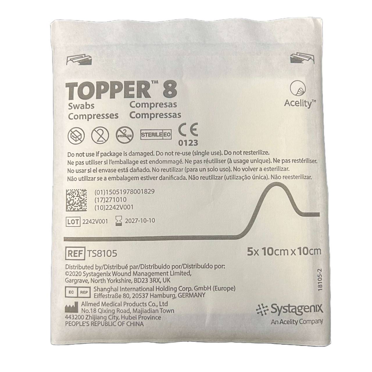 10 cm x 10 cm Topper 8 sterile gaspindepinde enkelt pakke med 5