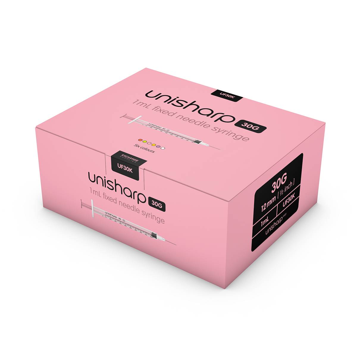 1 ml 0,5 tommer 30 g Pink Unisharp sprøjte og nål u100