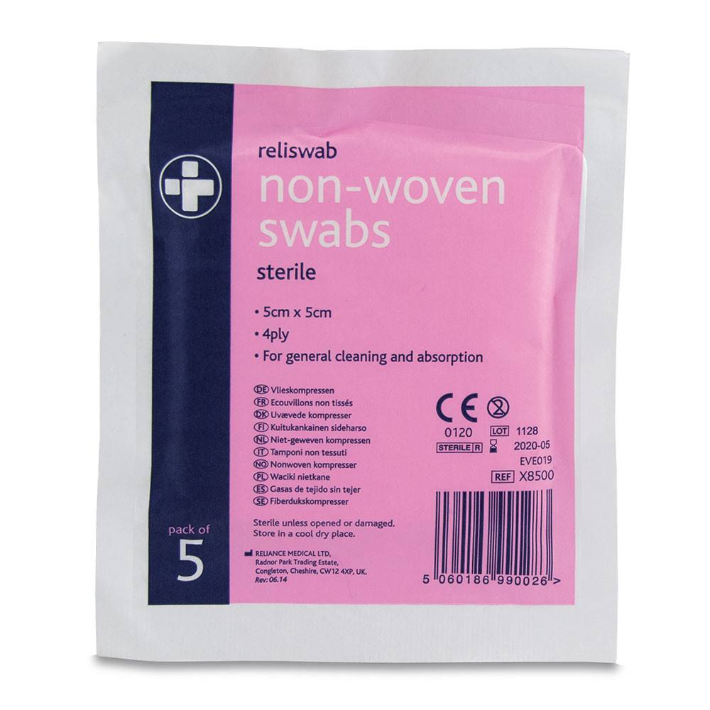 5cm x 5cm Reliswab Swabs Non-Woven Sterile 4ply Pack of 5